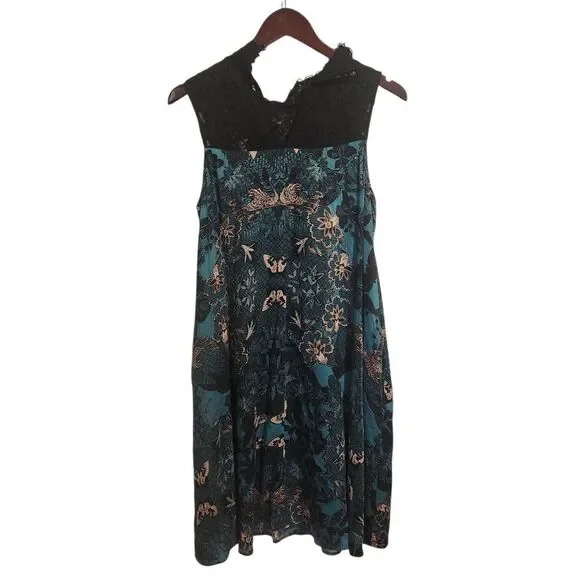 Anthropologie Maeve Black and Teal Floral Butterfly Swing Dress Small - Picture 3 of 6